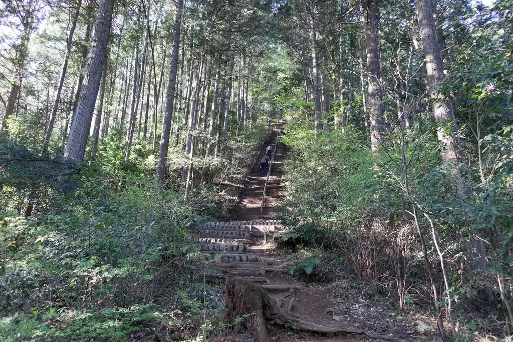 少しばかり九十九折りの登山道を歩くと早速最初の難関が待ち受けています。約180段ある階段です。

噂によると最も傾斜が大きいところで45度あるらしい。もはや壁。

この階段をまずは登ります。高所恐怖症の私にとっては結構な難関です。傾斜がきつすぎるし、階段も小さくてうっかり踏み外したらそのまま落ちていくんじゃないか、というようなところ。

絶対に振り返らないと決めて登りましたが、最後の20段くらいのところで傾斜がさらにきつくなっていた気がする。絶対ここは降りたくありません。登り初めてものの数分で撤退できなくなってしまった。