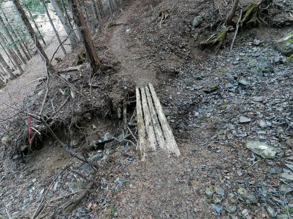 途中渡渉点もあるものの、ほとんど枯れていることと深くないので迂回は容易。
なお、この写真の橋はかなり朽ちてきているので、橋は渡らず、脇を通った方が安心だと思う。