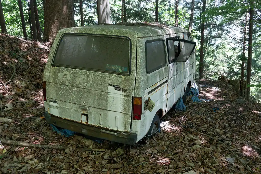 突然の廃車。だいぶ年季を感じます。
昔は荷物を載せて行き来していたのかな～。