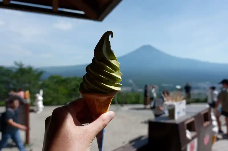 ようやくロープウェイ広場に到着。以前観光で来た時は巨峰ソフトがあって、それが異様に美味しかったんですが、今回はミルクと抹茶の選択肢しかなく、抹茶を選択。