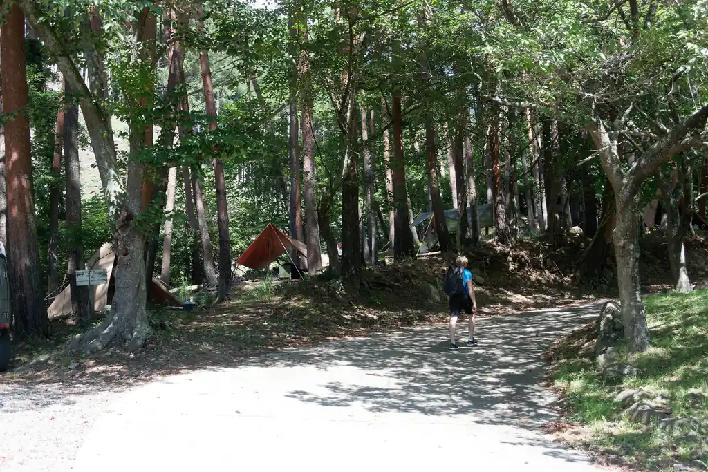 この車道歩きがなかなか堪える。三つ峠山山頂は標高1700mオーバーでそこそこ気温も下がるものの、三つ峠駅の標高は約600m。登山口の標高が約1000mなので、400mを登るわけです。

しかも真夏のアスファルトは非常に暑い。下手に飛ばすと登山口に着いた頃にはバテバテになっていることでしょう。

途中道の脇でキャンプをされている方もチラホラ。あっちはなんだか涼しそうで良いですね…。