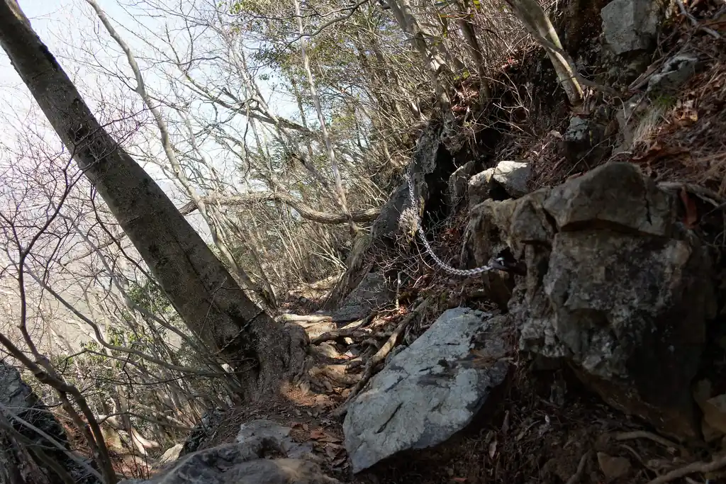 大岳山手前の岩場。左側は切れ落ちているんですが、鎖があるんで安心。当然すれ違いは不可なので、通り始める前に向こう側から誰も来てないことを確認しましょう(といっても見えないので音でなんとか)