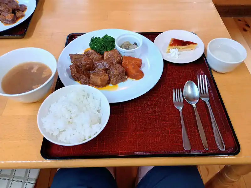 夕食の準備が出来ると、夕食を食べる宿泊者は食堂へ集まるようにと館内放送がかかる。
フロント近辺で暇を潰していた私は一目散に食堂へ駆け込む。
期待通り美味しそうだ。ご飯は自分でよそうスタイル。

豚肉一欠片で茶碗いっぱいいけるな…と思いつつも食べすぎると明日が辛いので、茶碗2杯でやめておいた。