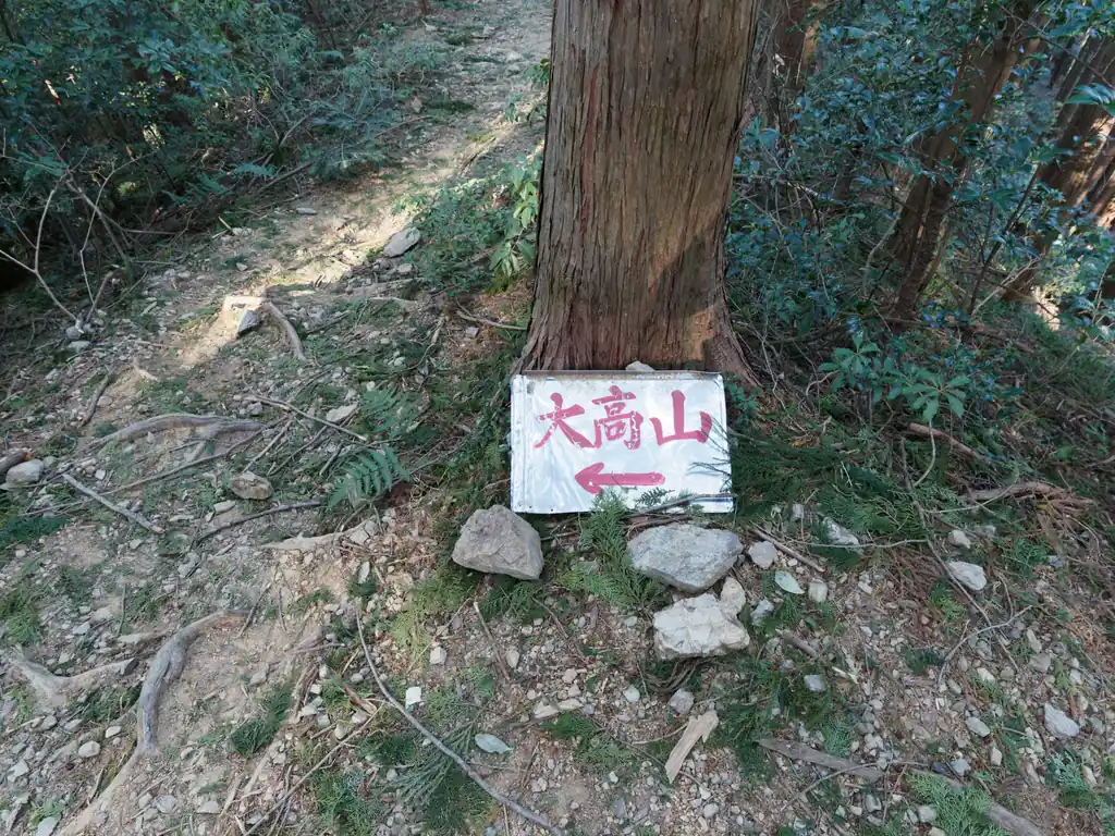 大高山の看板。

このあたりは確かにちょっとわかりづらい。というのも天覚山手前は広場になっていて、昔は両峰神社があったのですが、今はなくなっています。東吾野駅からカーギルの森とかいう看板がある道を歩いてくると、両峰神社跡の広場に出るんですが、そうすると、天覚山に登って大高山方面に歩きたい登山者というのは、どっちに行けばいいんだっけ？となる。(地図をじっくり読むと迷うことはない)

あと、天覚山頂から二つ道が伸びていて、一つは東峠に出る道(トラロープがあるほう)なのですが、もう一つちょっと藪っぽい道は表参道でして、中藤の方に出るんですよねえ。奥武蔵登山詳細地図だと紫の実線ですが、山と高原地図2021だと赤実線だった気がする。なお私は表参道は歩いたことはないです。あっちに降りても縦走ルートがあるとか、帰宅が容易とかそういうわけでもないので…。