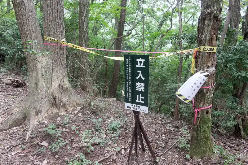 立ち入り禁止の看板。
この立入禁止ロープの先は短い木が階段状に設置されていましたが、今は通れない模様。
私有地だとしても、こんなところの道を使う人いるんでしょうか。