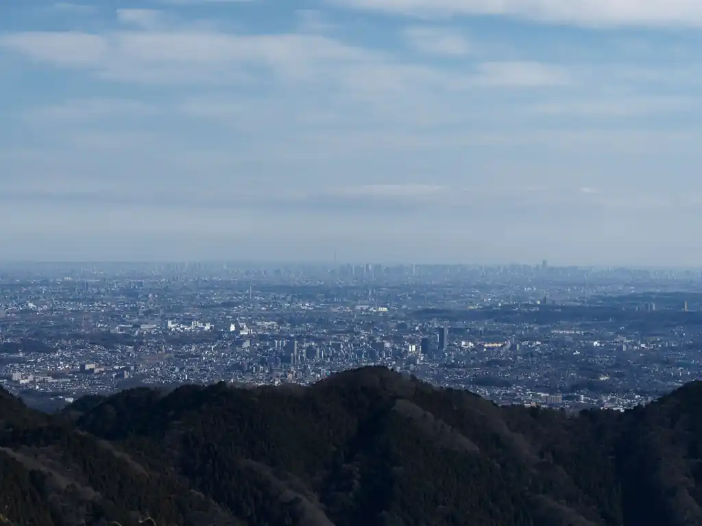 陣馬山ほどではないけど、ここも都心方面の見晴らしが素晴らしい。空気が澄んでいるので、スカイツリーが小さく見えます。
