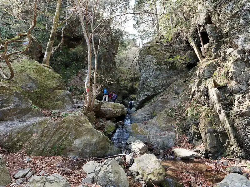 さて、白谷沢コース核心部のゴルジュ帯に到着。
写真中央に岩の切れ目がありますが、この間を通って行く。