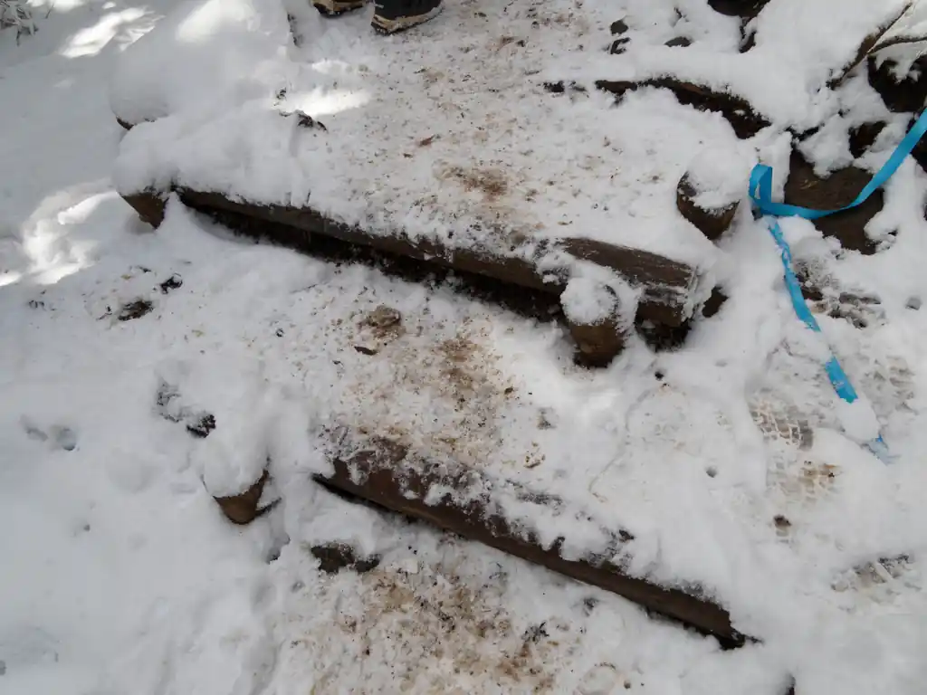 山頂が近づくと階段。よく整備されていて歩きやすいのだが、この日は雪が踏み固められて滑るので慎重に登る。下りならまず間違いなくチェーンスパイクが必要。

なお、この時点でチェーンスパイクをつけている人はわずか。感覚では2～3割程度だったと思う。