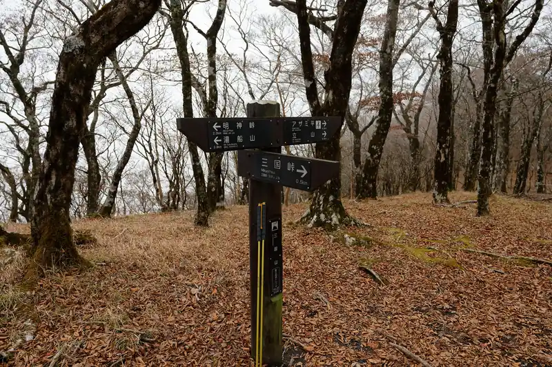 三国山に到着。
や、やりきったぞ～！
とは言うものの、三国山の山頂には山頂標くらいで何もありません。
ベンチすらなく、ただ平坦地と木があるだけ。
