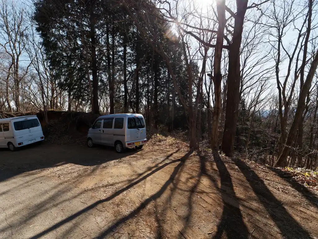 大野峠から西側に林道を歩いていくと、少し広くなったところに出る。
この日はたまたま、狩猟目的なのか軽自動車が二台止まっていた（車の中に犬を入れるようなケージが入っていたので狩猟なのでは、と思う）。

中央の銀色の軽自動車のあたりから踏み跡が山の中に伸びている。