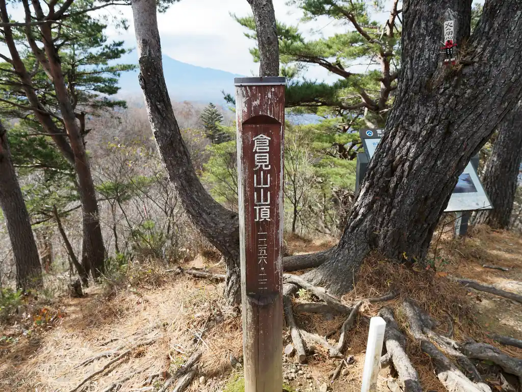 倉見山山頂に到着！しかし誰もいない。
この時期は人気がないのか、倉見山ですれ違った登山者は山頂ちょい下の三つ峠駅から登るルートとの分岐で出会った女性二人組の登山者だけだった。

ただまあ、山頂はそんなに広くないので、返って人が少なくて良かったかもしれない。

この後、早速下山に取り掛かる。時間はたっぷりあるが、三つ峠駅方面への道も、長泉院に降りる道も落ち葉でフカフカ。
どっちもそこそこ急坂っぽい雰囲気を感じて、どっちからもぶっちゃけ降りたくないなあ、と思っていた。かといって、来た道を戻るのも嫌だ。あの鞍部をまた超えないといけないのかと思うと憂鬱である。