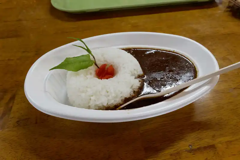 お昼は山荘でなんか食べれるだろう～と思っていたので、山荘でカレーを注文。
山で食べるカレーはうまいぜ！