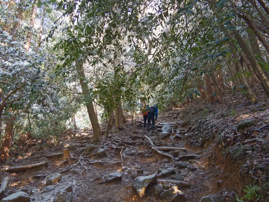 筑波山は標高900mにも満たない低山ということもあって、積雪はそれほどないか、融けているんじゃないかなと思っていたが、まだまだ多くの雪が登山道場に残っていた。
このあたりは軽アイゼンなしでも問題ないが、標高を上げるにつれて登山道上は積雪が多くなり、滑りやすくなる。筑波山といえど、積雪があったらチェーンスパイクくらいは持っていったほうが良い。