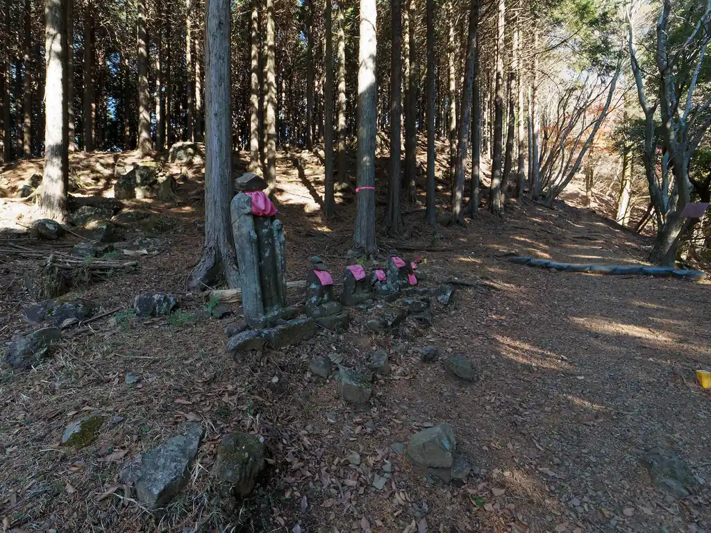 急坂を登りきると、お地蔵さん。
ここから斜度が緩む。
この先はまた細い急斜面につけられたトラバース道となり、その先に木板の道がある。