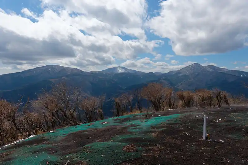 中央に大涌谷、右が金時山、左が明神ヶ岳だと思う。
金時山までまだまだ道のりは長い。というか、あの先鋒に登るのか、と考えると若干不安である。思いっきり積雪してるし。