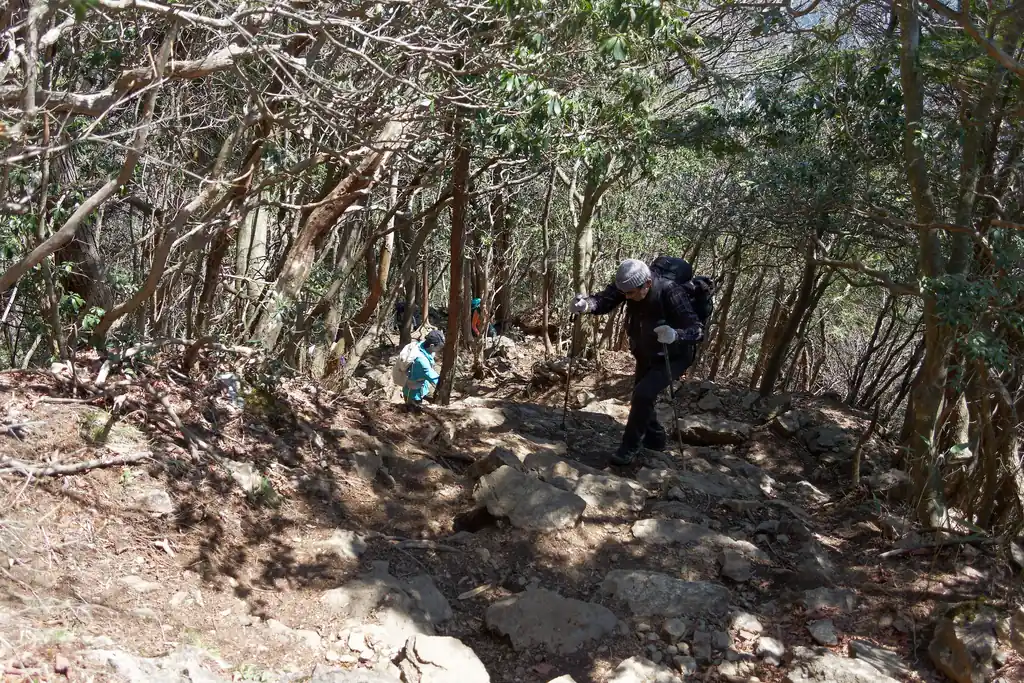 ご飯を食べて身支度を整えたら御岳山方面に下山します。

岩場は鋸山方面だけなのかな～と思っていたら、御岳山方面から登るのも岩場でした。だけどこっちは二足歩行で余裕な感じ。