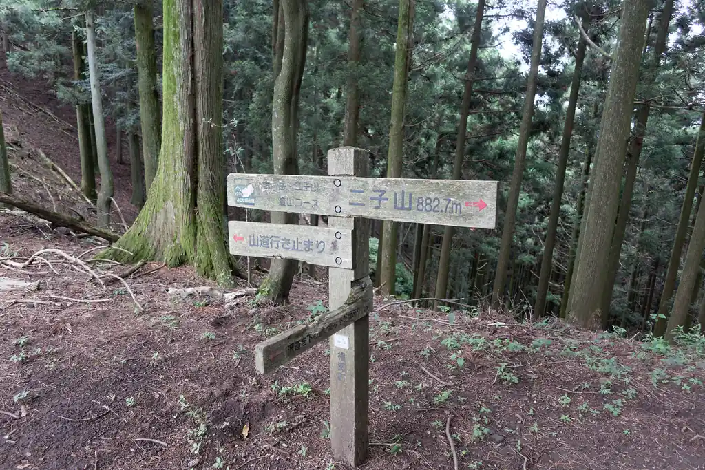 尾根にでました。この左側の道が岩菅山に続く道なんですが、一般登山道ではないので、行き止まりということになっています。
私は歩いたことないのでわからないけど、岩菅山方面に少し歩くと、展望スポットがあるとかなんとか。