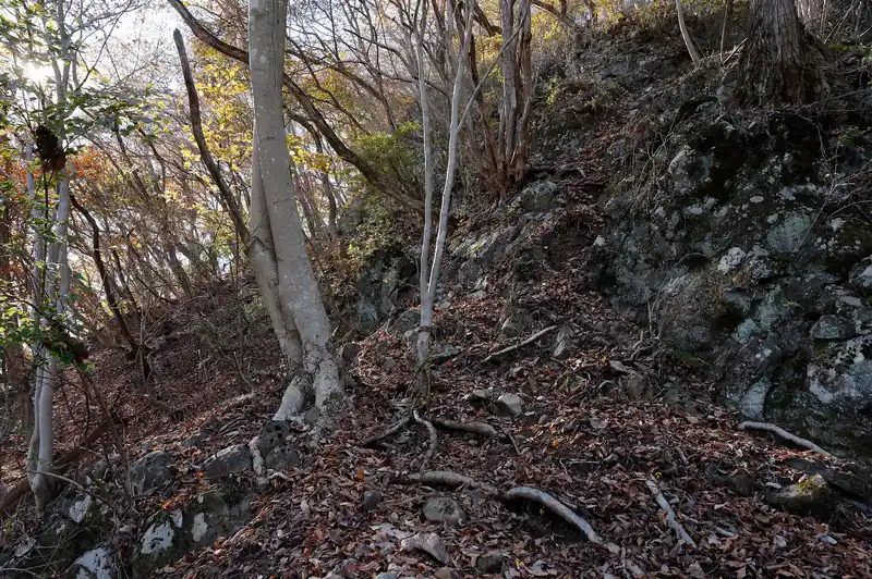 馬立山手前の鎖のトラバース道が出てきました。
写真はだいぶ手前から撮ったのでわかりづらいですが、この先は鎖の張ってある急斜面のトラバースとなります。
まあ鎖があるんで大丈夫です。谷側は見ないこと…！