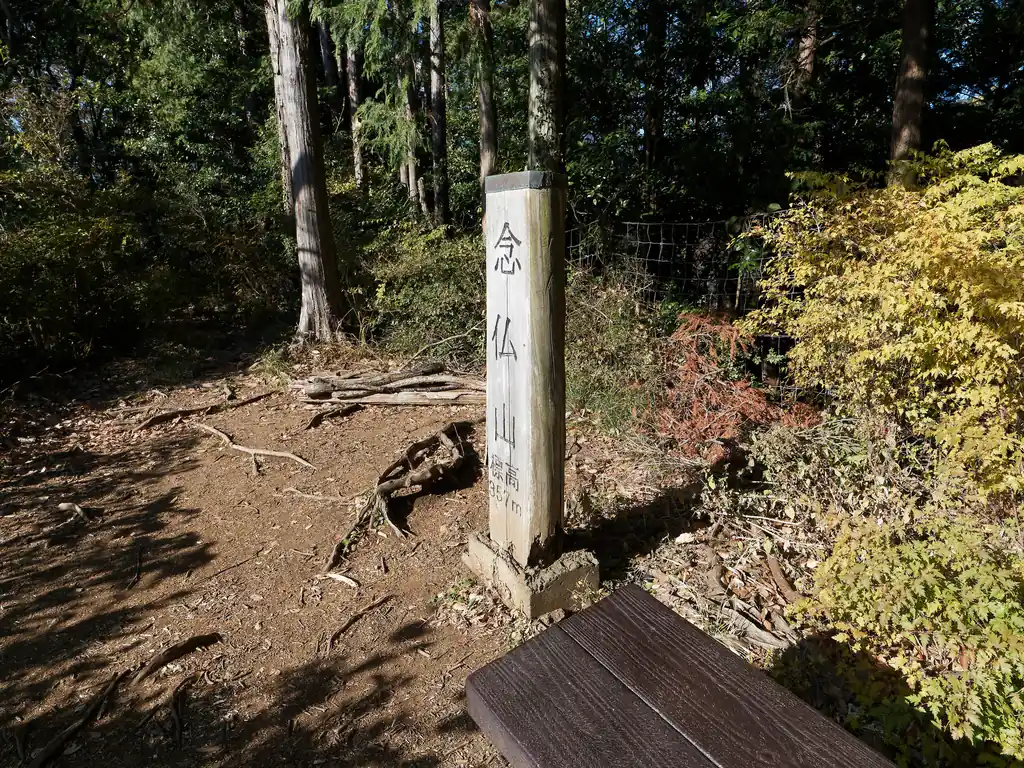 念仏山に到着。ここは少し開けていて日当たりがいい。見晴らしはそれほどないけど。
ベンチが一つあるだけの山頂で、少し休憩したら出発する。