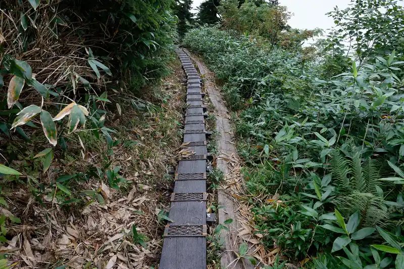 会津駒ケ岳の巻道は湿っていて滑りまくるので要注意、という評判を聞いていたのだが、歩いてみると全くすべらない。
どうも最近木道が修繕されて新しくなっているためと思われる。
いや～感動。良い道だ。正直、滑って斜面側に落ちるとタダでは済まない感じなので、結構ヒヤヒヤしていた。