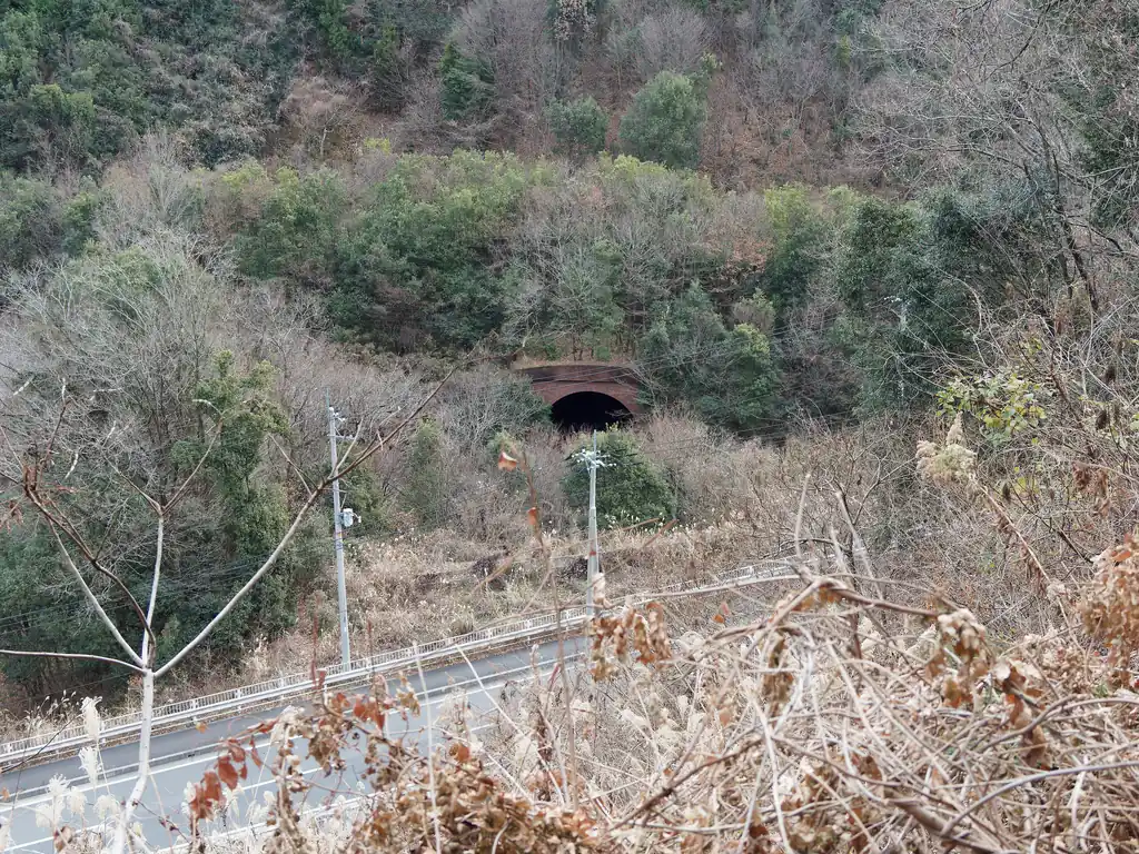龍崖山の麓、レンガ作り？のようなトンネルが見える。たぶん水路かな。
