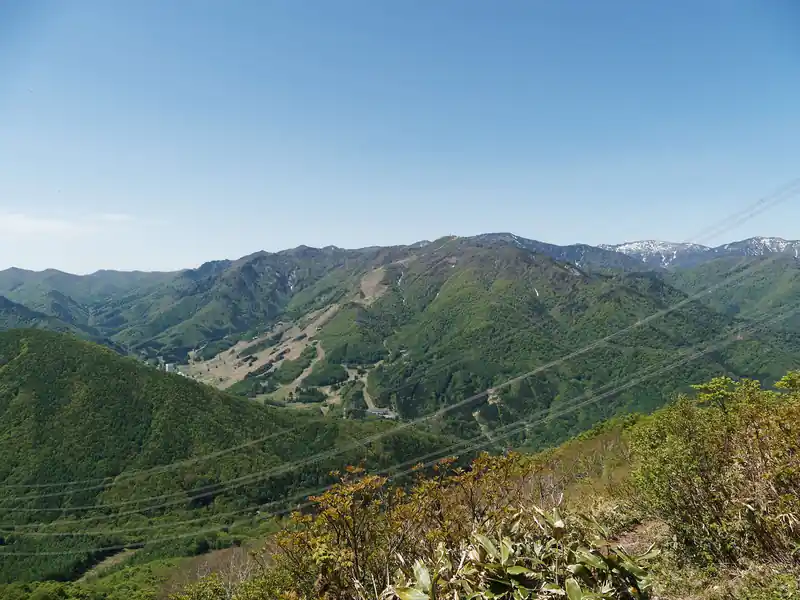 良い景色が広がる。スキー場なのか山肌の木がない。
リゾートマンションらしき建物もあるけど、まだ利用されているんでしょうか？