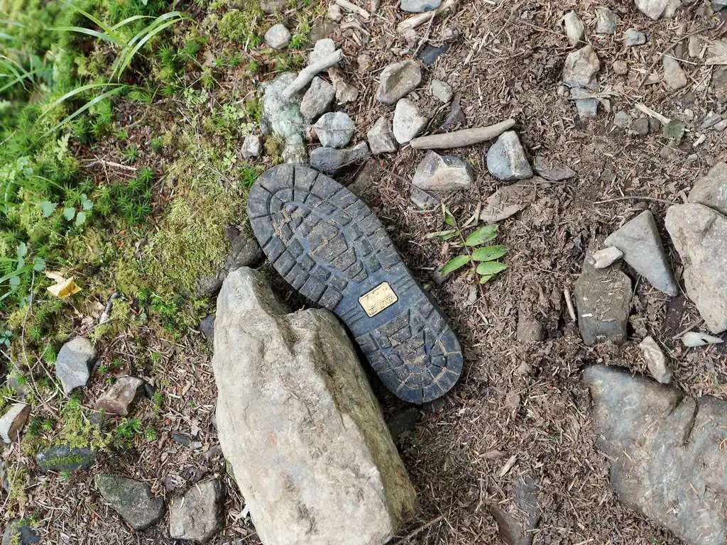 歩いていたらどうも登山靴から外れて迷子になったソールを見つけました。
噂では聞いたことがありましたが、本当に登山靴から外れて放置されているソールを見るのは初めてです。なかなか感慨深い。