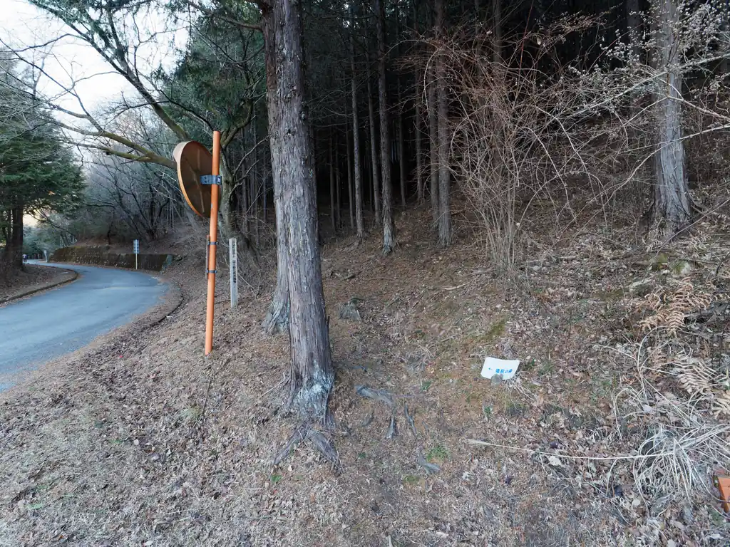 トラック協会看板のところは車道と交差している。登山道は車道に出ず、そのまま向かいに続いている。
なんと驚いたのだが、このトラック協会看板の手前あたりで下山してくる登山者とすれ違った。こんなマイナールート歩いてる人いるのか…。