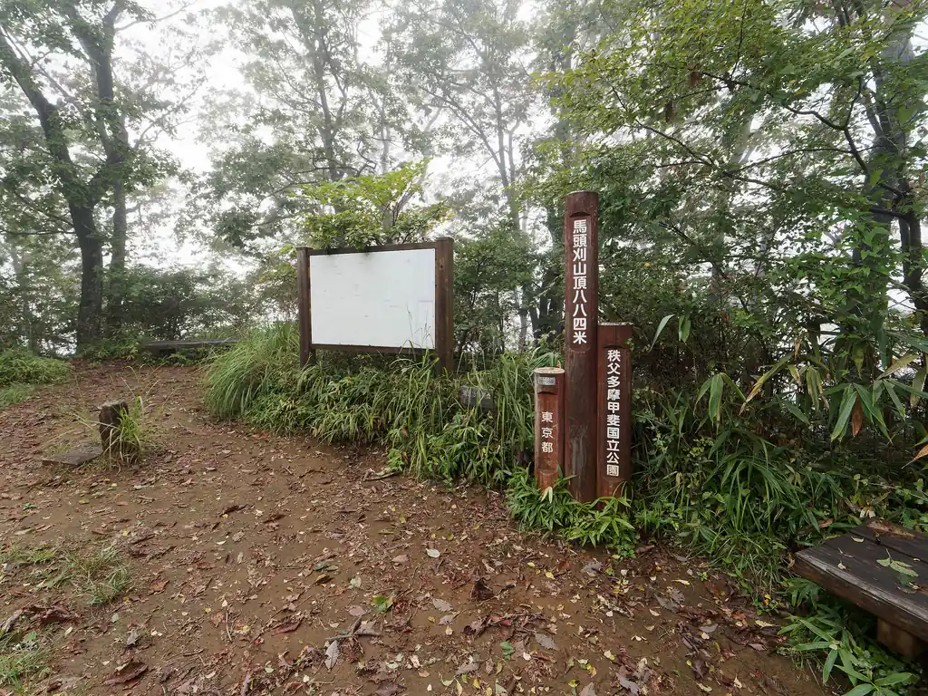 馬頭刈山に到着。山頂は少し広くベンチもいくつか。
木に囲まれていますが、このくらいなら、ガスってなければ景色は見えると思います。この日は何も見えなかったけど。