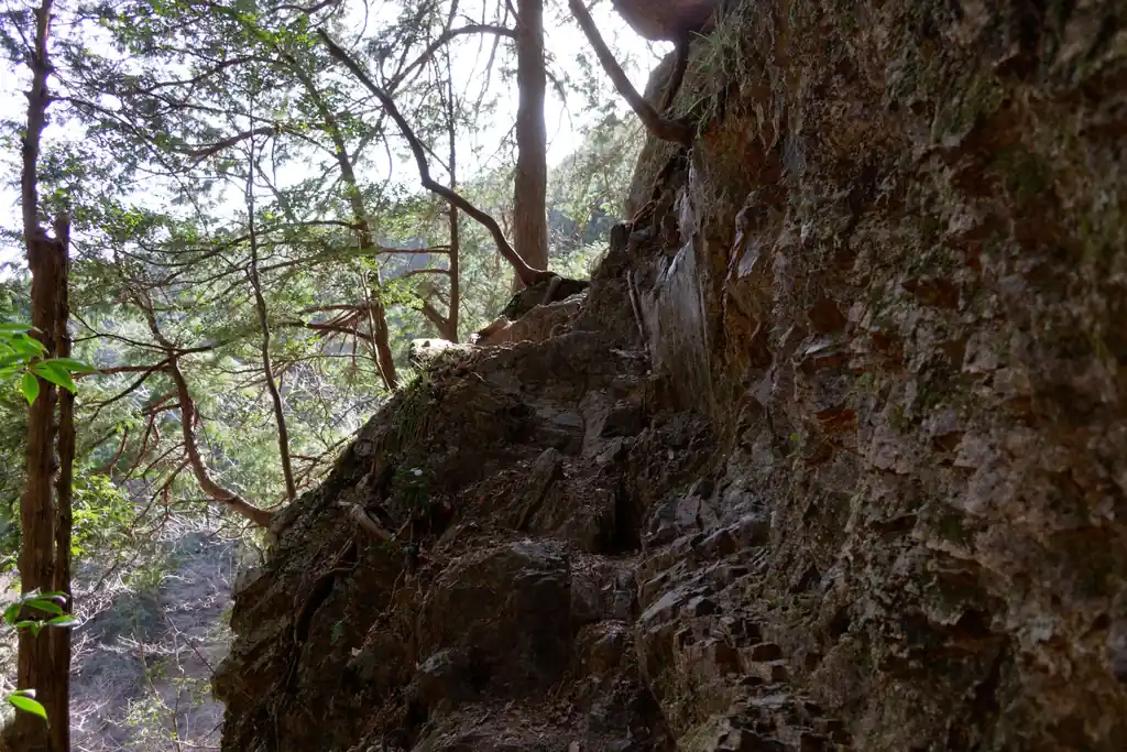 棒ノ折山、白谷沢コースといえばゴルジョ帯。その手前、沢に合流する途中には、こんな感じの岩場もあります。この写真はちょっと怖く写りすぎかな。実際は二足歩行で通れるくらいの場所ですが、片側は切れ落ちているので、慎重に通過する必要があります。

たまにスニーカーとかのかなりの軽装で登っている人も見ますが、登山靴の方が絶対に良いと思いますよ。