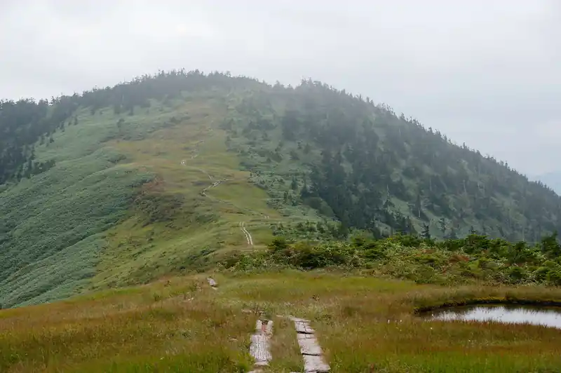 ちょうど巻道へ進む登山者。