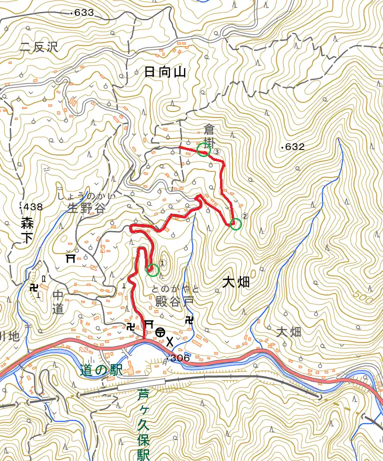 まずは歩いたルートの確認。いつもは白髭神社のところを西へ歩いていくのだが、今回は真っすぐ北へ車道を歩いていく。
途中三か所気になっていた

①の緑丸が天王山への踏み跡があった位置。
②天狗堂の尾根への鹿柵があった場所。
③いろりの宿 ふる里


ふる里はどうも日帰り入浴できるらしく、それなら今度利用してみようかな、と思う。今日見てみた感じ、営業しているはずだ。
芦ヶ久保の道の駅では、シャワー利用ができるらしいが、もう10回以上利用していてもどこにそんな設備があるのかわからない。