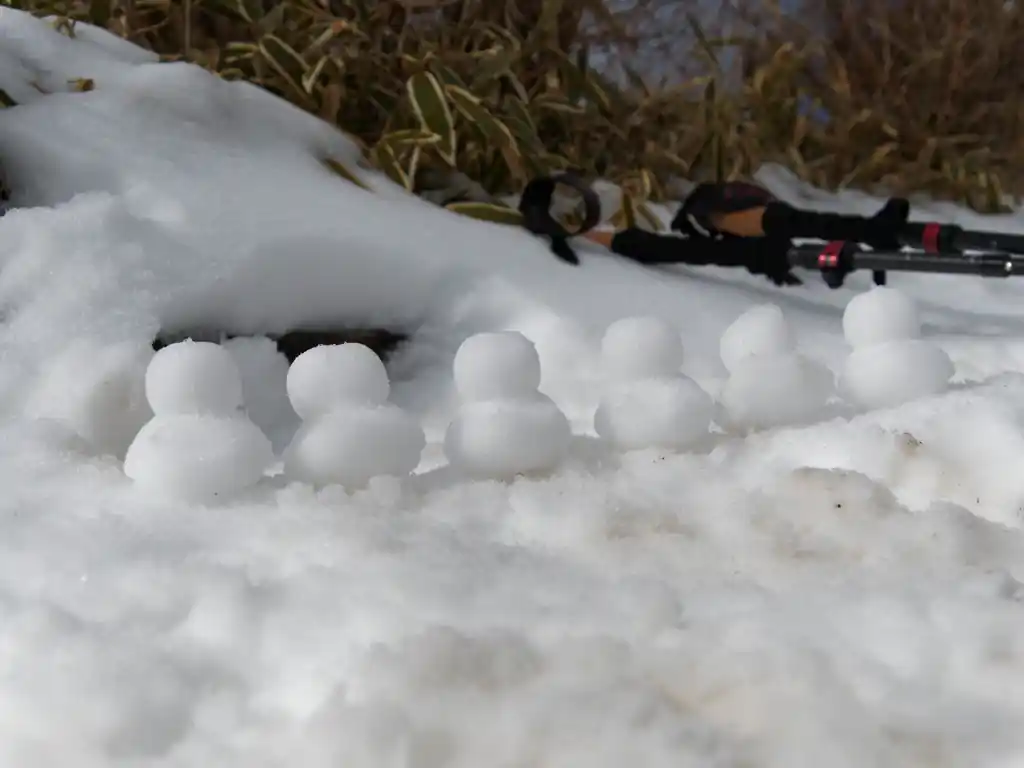 富士山、今日は撮れないかな～と思って移動していたら地面に小さく雪だるまが…。
どうやらこれ、横から見るとアヒルみたいになっているらしい（ほかの登山者がアップロードしている写真見るとそんな感じだった）。