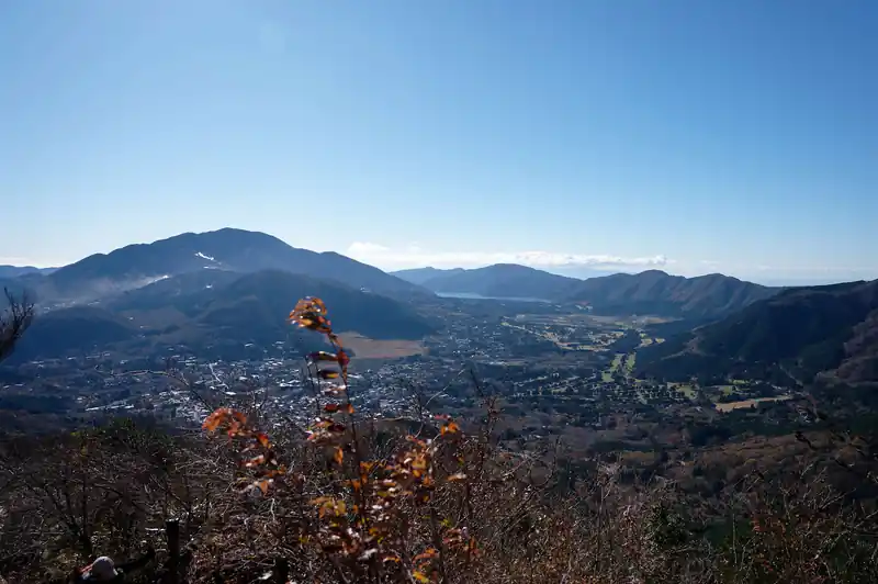ある程度登ると樹間から箱根の町並みが見渡せる。
奥にある湖が芦ノ湖、その左の山っぽいのが大涌谷かな。

この日はとにかく登山者が多く、途中で団体登山者とぶつかり、なかなかペースをあげることができず。
私都合ではありますが、1時間のバスの遅れもあり、写真もあまり撮らず急ぎ目に登っていたので、もどかしいばかり。