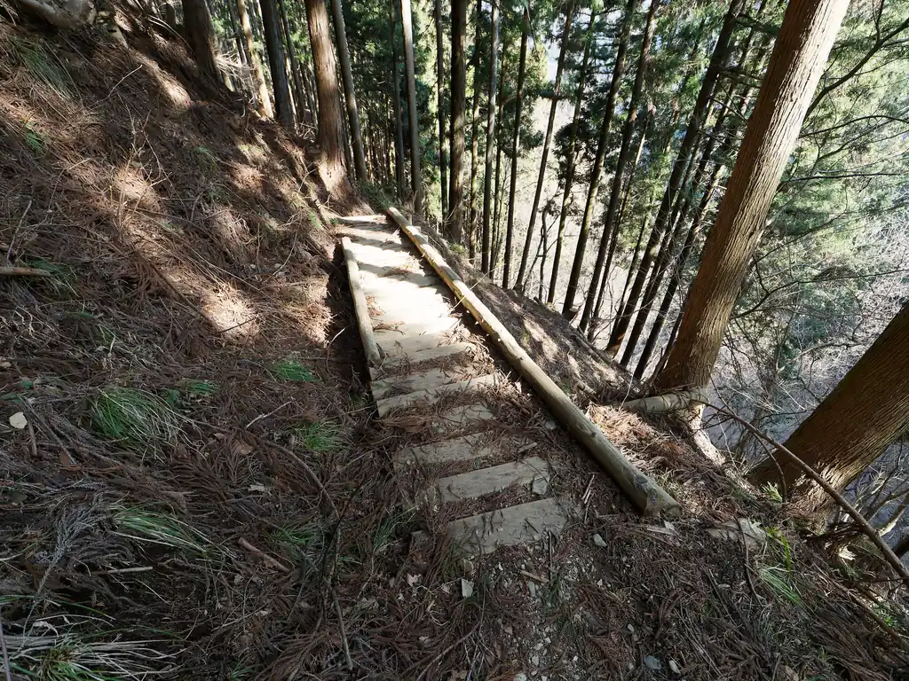 九十九折の道を登っていき、急な斜面をトラバースする道にかわると木橋の登場。
この木橋はかなりしっかりとしているので、安心して渡れる。
