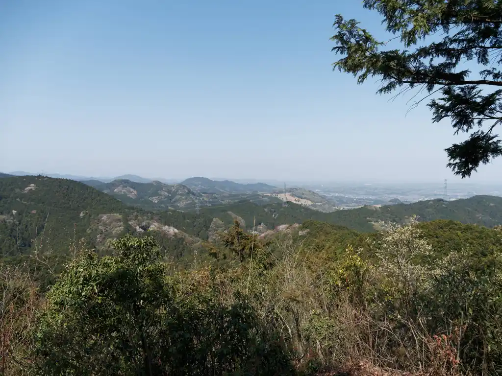 だいぶすっ飛ばして、スカリ山からの展望。ときがわ町方面？と思われる街並みが見えますね。

スカリ山手前の坂は若干急なのですが、距離はそれほど長くないので気合で乗り越えましょう。

なお、私がスカリ山山頂手前の坂を登っていると、連れが「犬！」と言うので何のことだ？と思って足元を見たら、フワフワの白い毛の犬が足元にいて滅茶苦茶びっくりしました。近くに飼い主の登山者がいて、急に坂を駆け上がり私の足元にきたんだそうな。なぜ…？

結局飼い主の呼び声に応じて、すぐに戻っていきましたが。犬もスカリ山に登りたかったんだろうか。

スカリ山山頂には木のベンチがいくつかあり、休憩を取るにはちょうど良いスポットです。

連れはここで、カップ麺を食べて満足しているようでした。