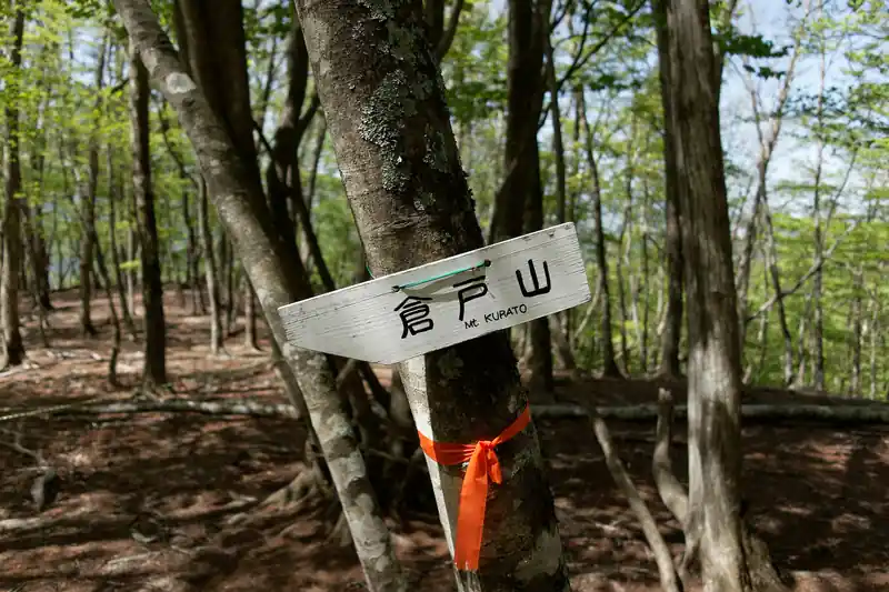 途中で倉戸山と書かれた道標を見つける。最初は山頂標かと思い、なんでこんなところに…？と思ったのだが、よく見ると矢印状になっており、指導標であることがわかる。
まあガイドロープがあるので、現在では必要ないかもしれない。