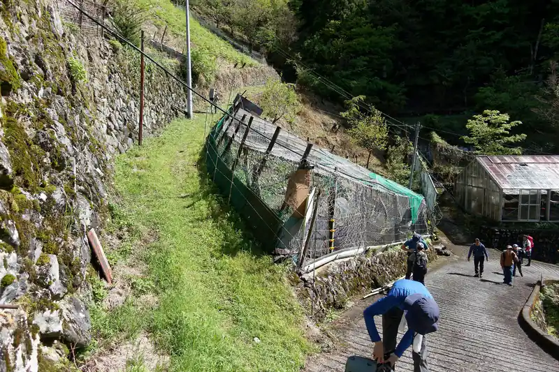ここからショートカットの山道へ。
いい加減暑いので上着を脱いだりして整えます。