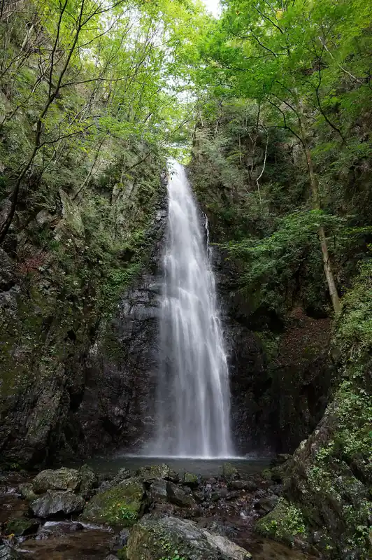 そしていよいよ百尋ノ滝に到着。
川苔山と百尋ノ滝分岐から歩いてすぐのところに滝がある。百尋ノ滝に向かう道は露岩の道ではあるものの、鎖やロープが垂れていることもあり、それほど危ない感じはしなかった。
なかなか壮観である。
