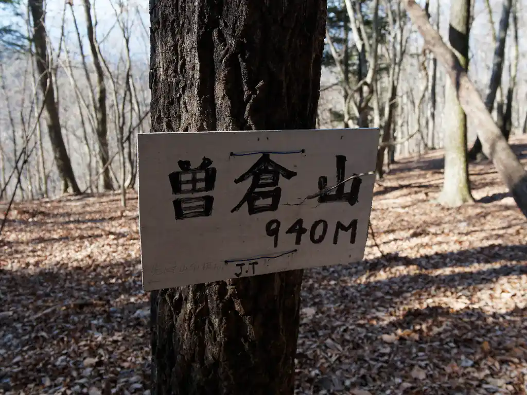 曽倉山。
このあたりは平坦で落ち葉が積もっていて少々道がわかりづらいものの、尾根上を歩いていけばよいし、歩けそうな支尾根が伸びているわけでもないので道迷いはしないと思う。