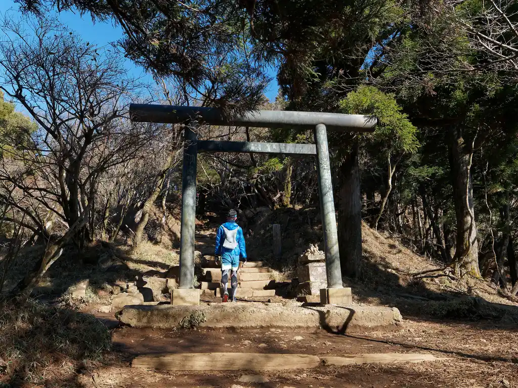 しばらく岩の目立つ坂を登っていくと鳥居が見えてくる。いよいよ山頂が近い。
樹林帯だった道から、少しずつ青空が見え始め、道中には2～3か所、見晴らしがよいところもある。