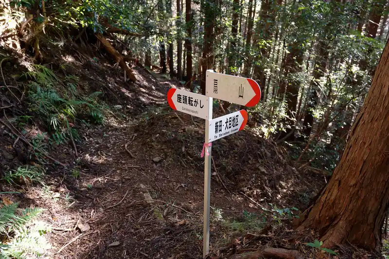 社の左側に山へ続く道があり、登っていくと3又に出ました。
私が歩いてきたのは新田・犬目地区方面。