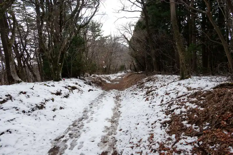 ゲートを潜ったあたりから雪が増える。
足元が滑って前に進まなくなってきたので、チェーンスパイクをつける。